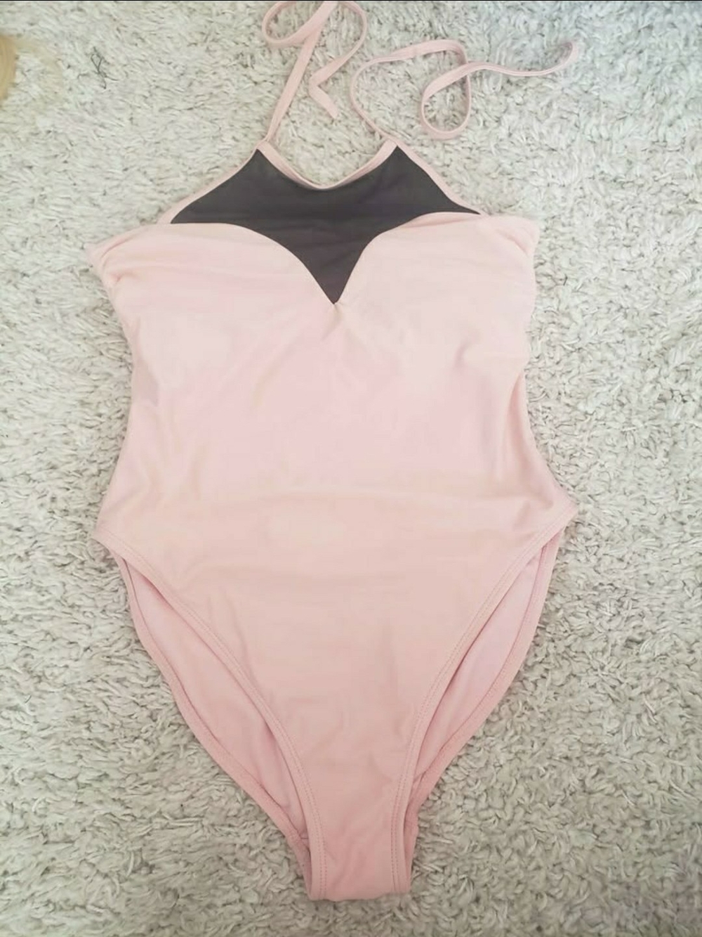 Women's Pink One-Piece Swimsuit with Black Mesh Yoke